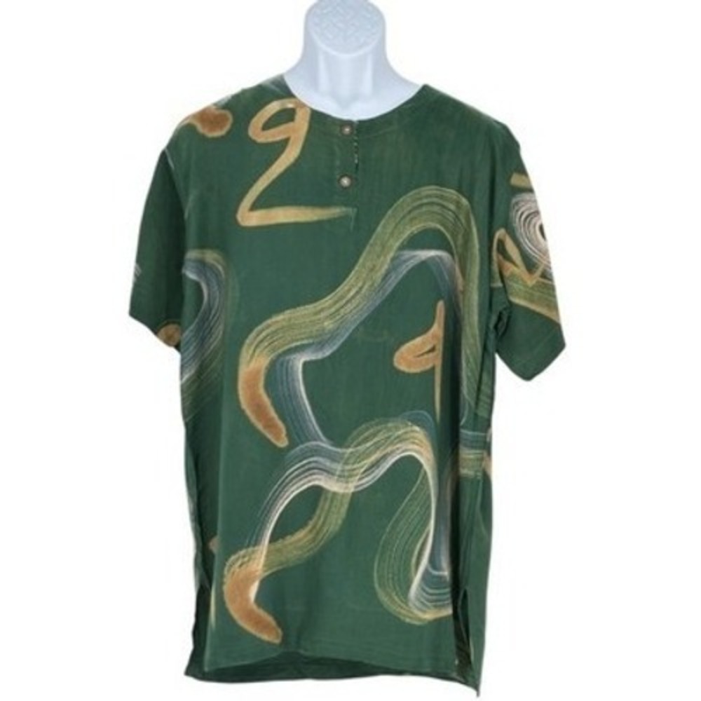Batik MD Yessy Indonesian‎ Shirt Abstract Print Short Sleeve Green One Size